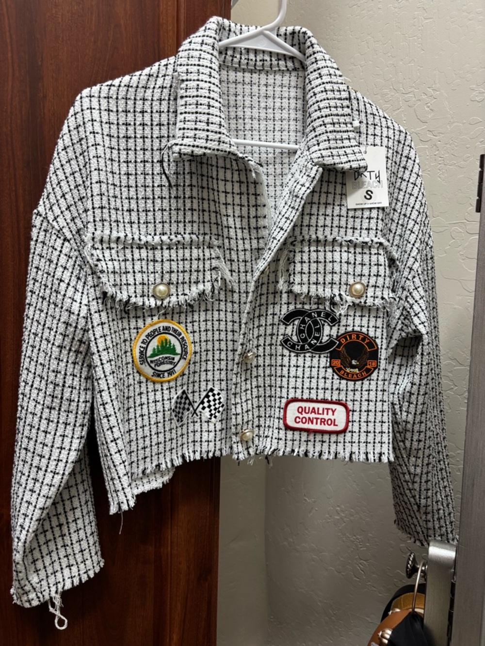 Cropped Black & White Checked Patchwork Jacket - S brand new